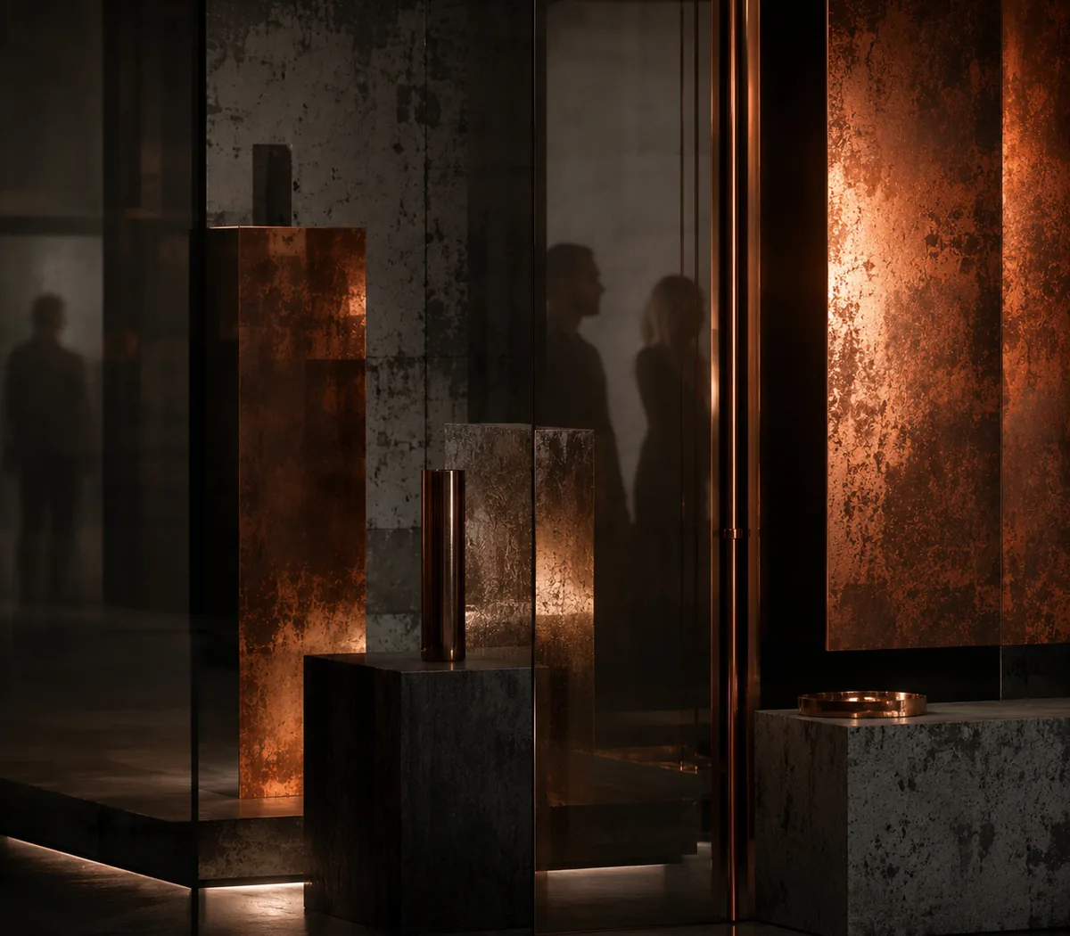 Indistinct human silhouettes behind dark glass, copper panels and concrete plinths