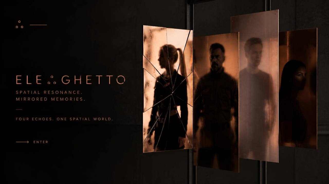Four diffuse presences reflected across staggered copper-toned mirror panels