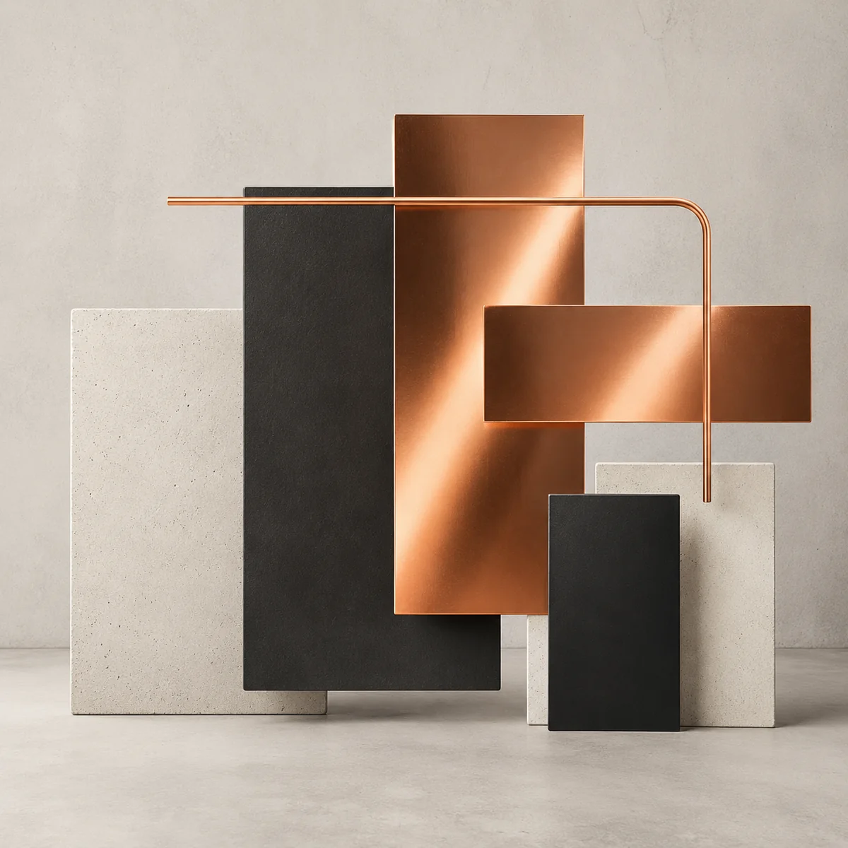 Photographed sculptural installation of pale mineral slabs, black forms, copper plates and a connecting tube