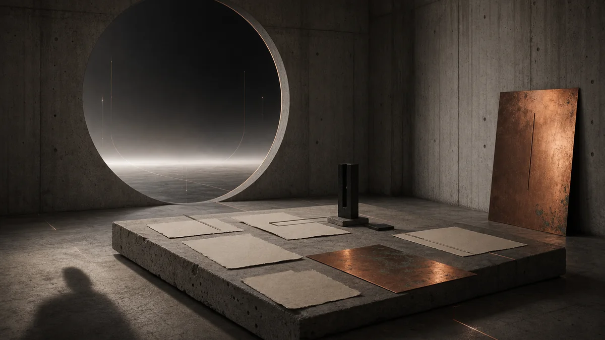 Novalis atelier with a circular concrete portal, archive papers and an oxidized copper plate