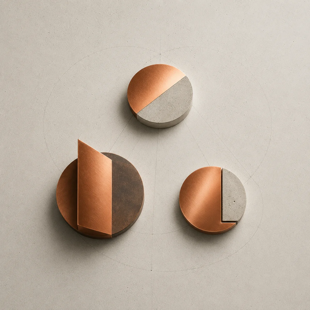 Three distinct copper and concrete circular artefacts related by fine geometric construction lines